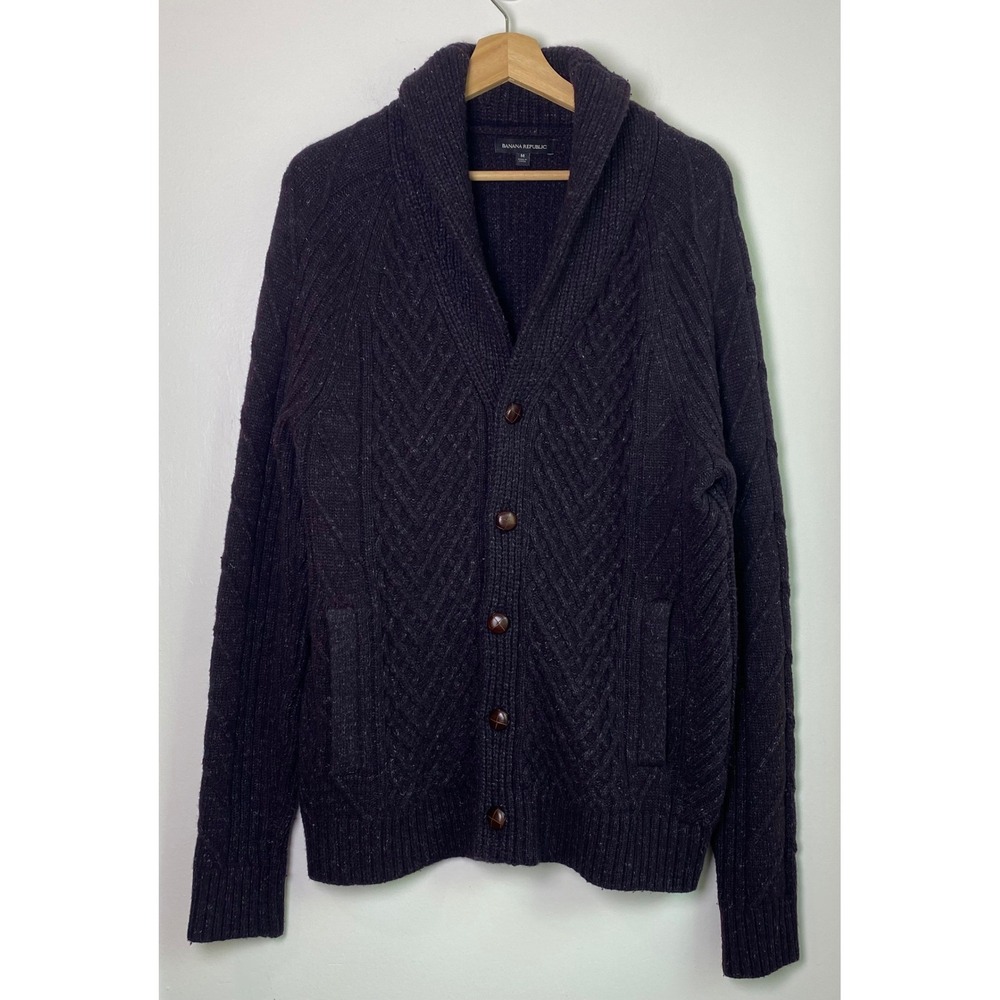 Banana Republic Fishermans Cardigan Mens M Purple Wool Blend Cable Heritage